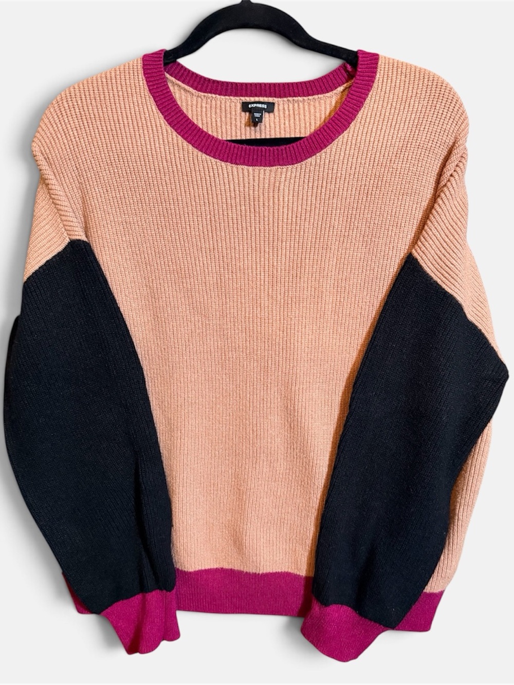 Express Colorblock Crewneck Sweater - Peach, Black & Magenta